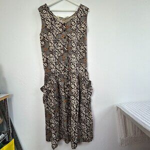 Vintage Organically Made Sleeveless Floral & Fish Print Midi Dress Sz M/L Brown